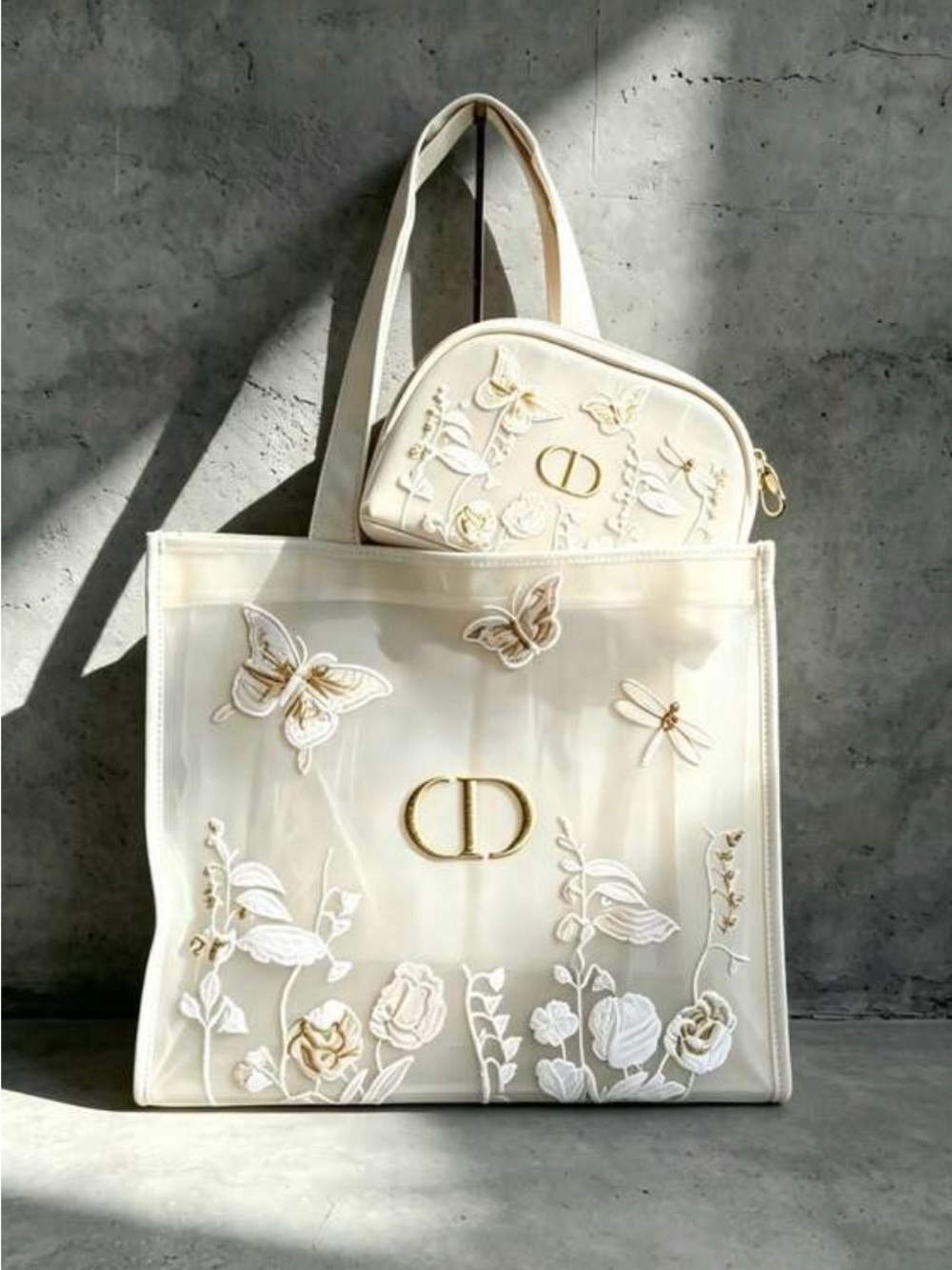 Christian Dior White Embroidery Organza Tote Bag With Matching Cosmetic Pouch